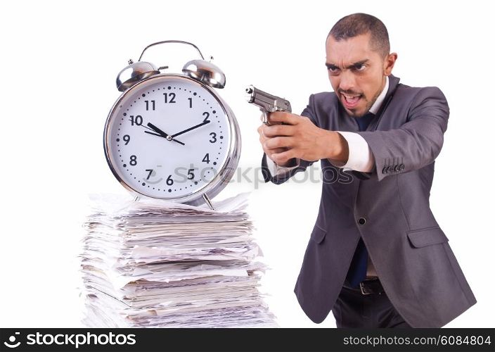 Angry businessman with stack of papers