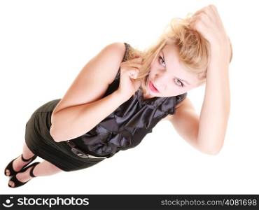 Angry businesswoman crazy boss furious woman pulling her messy hair isolated on white. Stress and negative emotions.