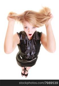 Angry businesswoman crazy boss furious woman screaming and pulling messy hair isolated on white. Stress and negative emotions.