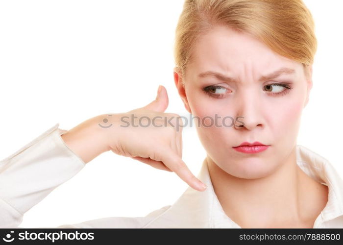 Angry businesswoman making call me gesture. Furious girl with phone hand sign. Business communication. Isolated on white.