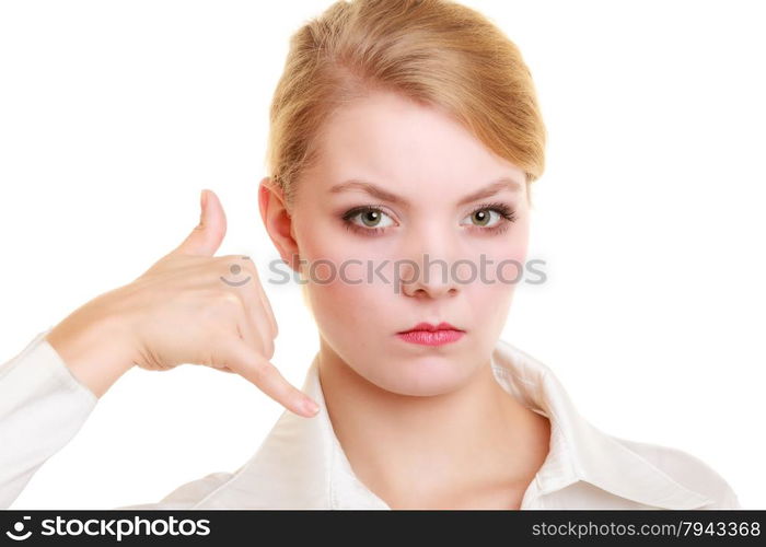 Angry businesswoman making call me gesture. Furious girl with phone hand sign. Business communication. Isolated on white.