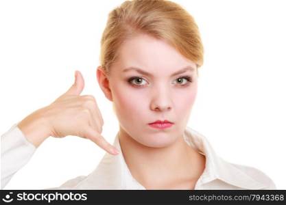 Angry businesswoman making call me gesture. Furious girl with phone hand sign. Business communication. Isolated on white.