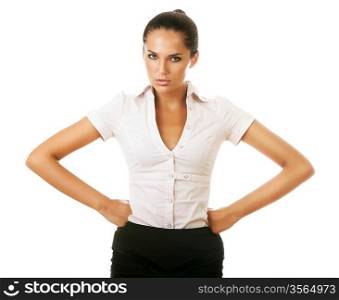 angry businesswoman on white background