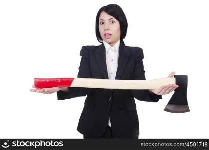 Angry businesswoman with axe on white