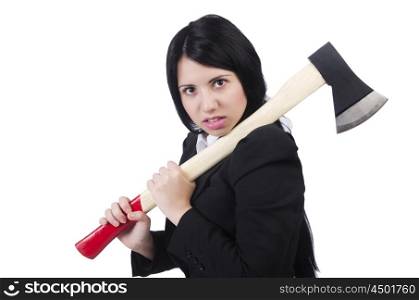 Angry businesswoman with axe on white