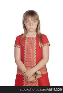 Angry child with a elegant red dress isolated on white background