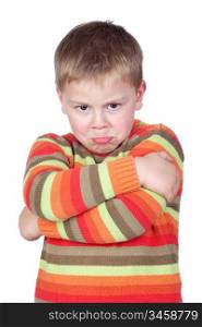 Angry child with crossed arm isolated on white background