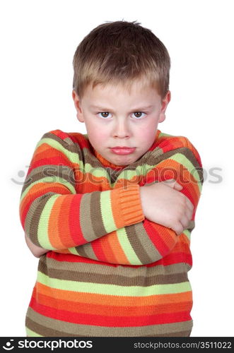 Angry child with crossed arm isolated on white background