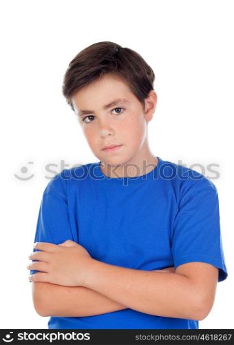Angry child with ten years old and blue t-shirt isolated on a white background