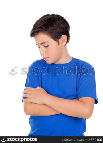 Angry child with ten years old and blue t-shirt isolated on a white background