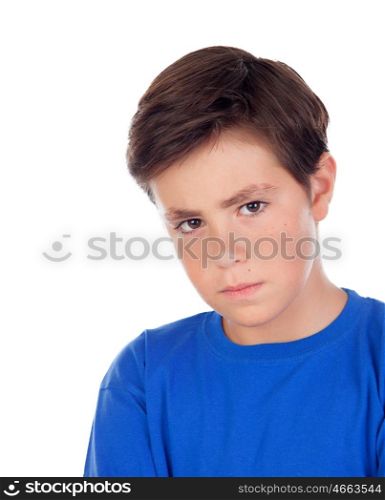 Angry child with ten years old and blue t-shirt isolated on a white background