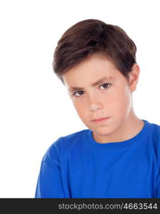 Angry child with ten years old and blue t-shirt isolated on a white background