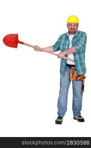 angry craftsman holding a shovel