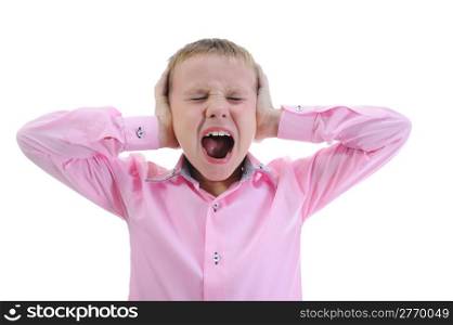 Angry crying little boy. Isolated on a white background