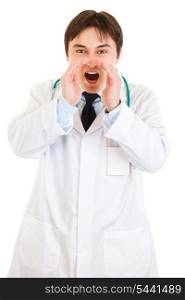 Angry doctor shouting through megaphone shaped hands isolated on white&#xA;