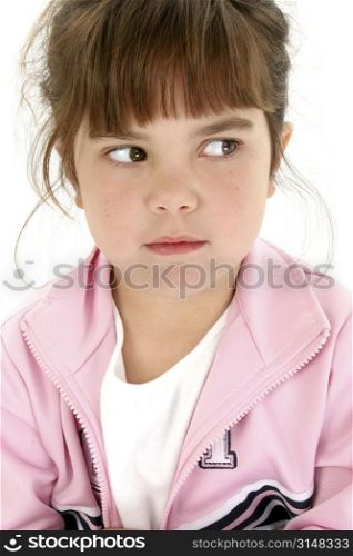 Angry five year old girl in pink.