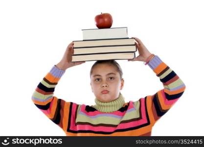 Angry girl student with many books and apple on the head