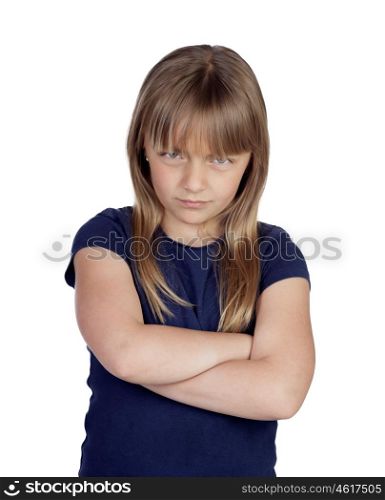 Angry girl with crossed arms isolated on white background