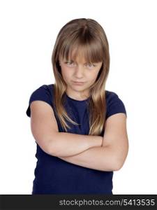 Angry girl with crossed arms isolated on white background