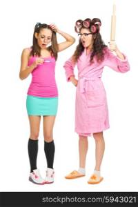 Angry housewife with her daughter isolated