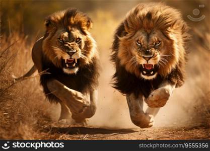 Angry hunting lions go hunting