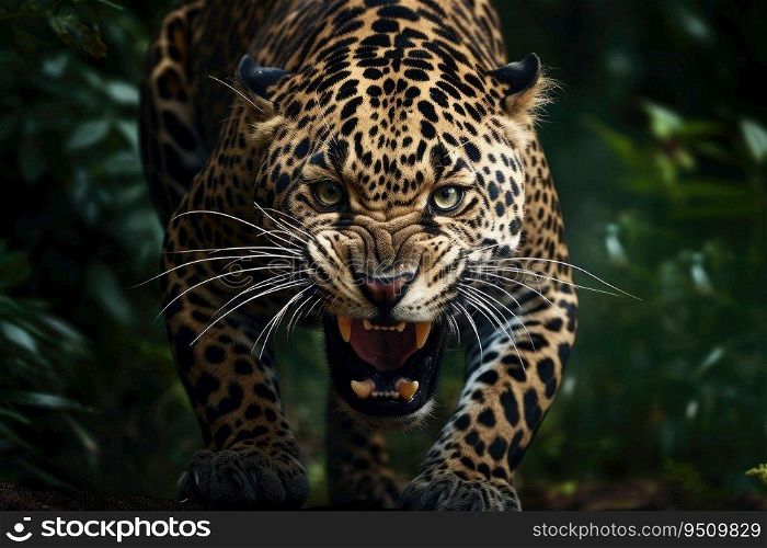 Angry jaguar in the rainforest