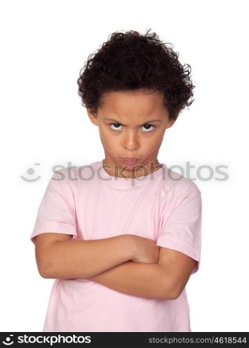 Angry latin child isolated on white background