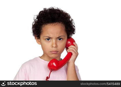 Angry latin with red phone isolated on white background