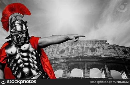 Angry legionary soldier in front of coliseum