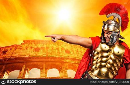 Angry legionary soldier in front of coliseum