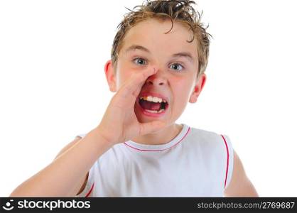 Angry little boy. Isolated on a white background