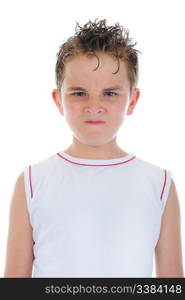 Angry little boy. Isolated on a white background