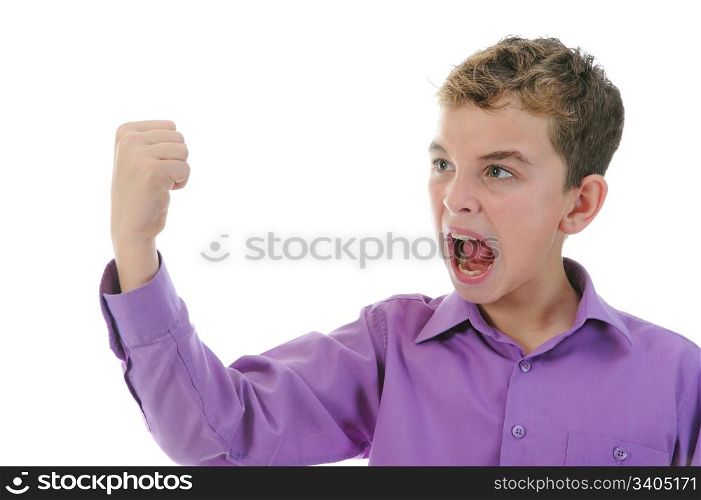 Angry little boy. Isolated on a white background