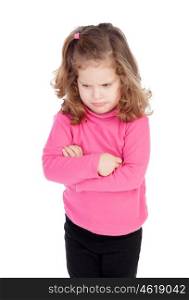 Angry little girl in pink isolated on a white background