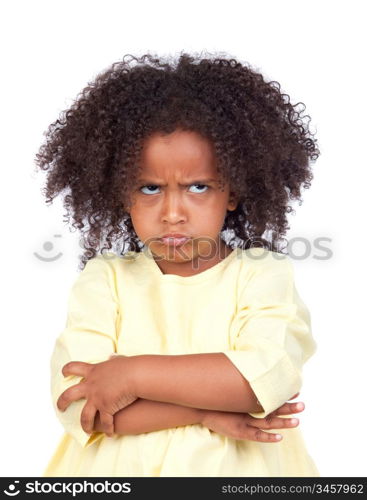 Angry little girl with beautiful hairstyle isolated over white
