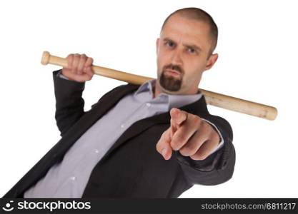 Angry looking man with bat, isolated on a white background