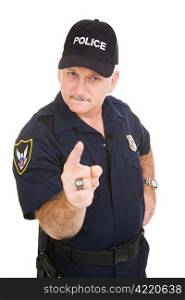 Angry looking police officer pointing his finger at you. Isolated on white.