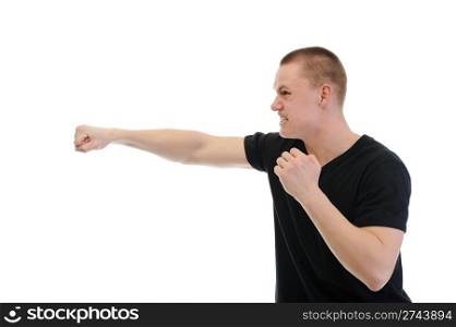 Angry man punched. Isolated on white background