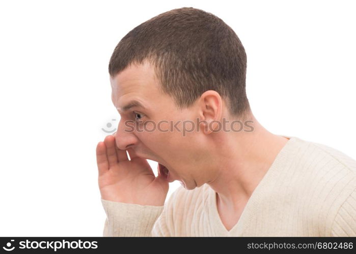 angry man shouting loudly on a white background