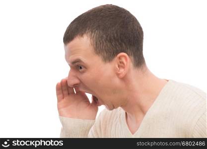 angry man shouting loudly on a white background