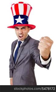 Angry man with american hat isolated on white