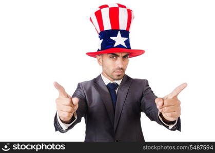 Angry man with american hat isolated on white