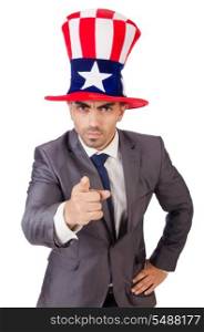 Angry man with american hat isolated on white