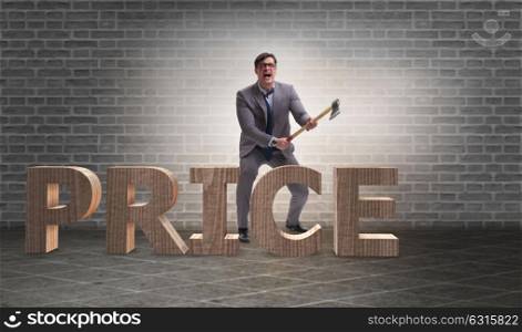Angry man with axe axing the price word