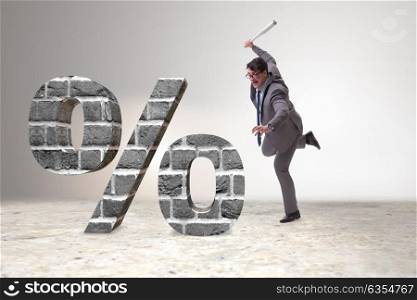Angry man with baseball bat hitting percentage sign