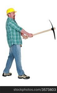 Angry man with pick-axe