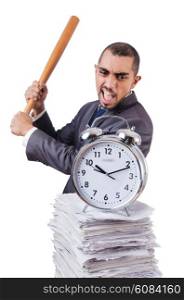 Angry man with stack of papers and baseball bat isolated on white