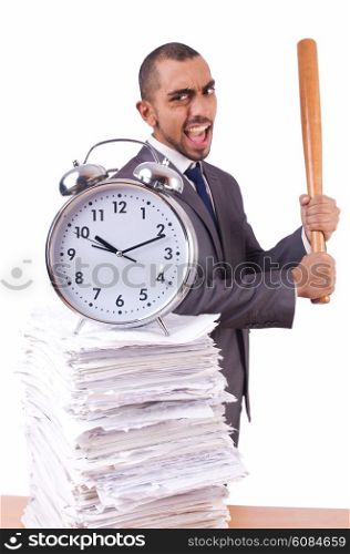 Angry man with stack of papers and baseball bat isolated on white