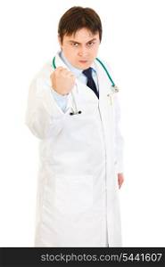 Angry medical doctor threaten with fist isolated on white&#xA;