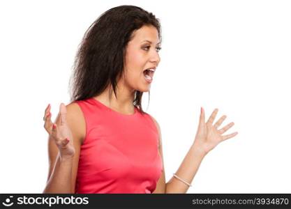 Angry mixed race woman screaming.. Portrait of angry upset furious mixed race woman girl screaming shouting isolated on white. Expression.